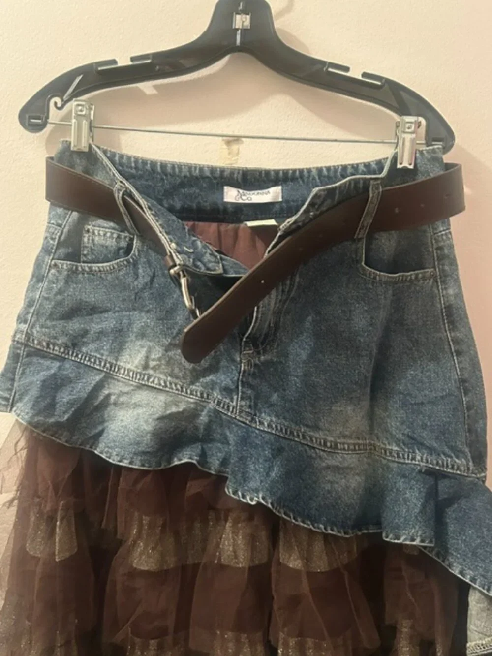 Luxe & Leather by Madonna & Co Lush Brown Tulle-Denim Belted Glitter Skirt NEW